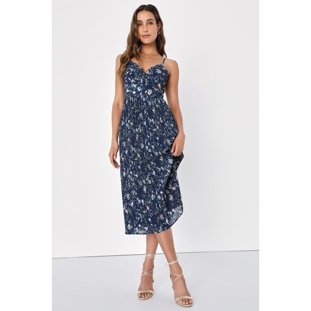 Lulus Poise And Perfection Navy Floral Print Pleated Midi Dress Blue - Size S